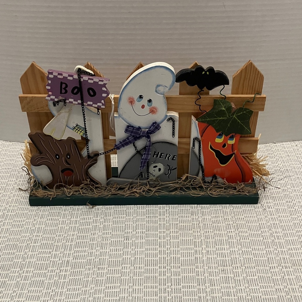 Festive Halloween Ghost & Pumpkin Wooden Table Decor - White and Orange